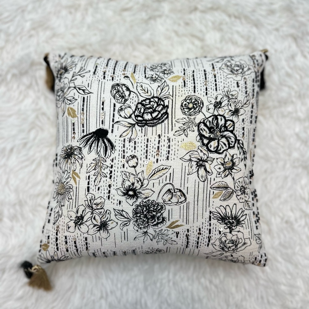 PAPER SOURCE | Black, Cream, and Gold Floral Accent Pillow